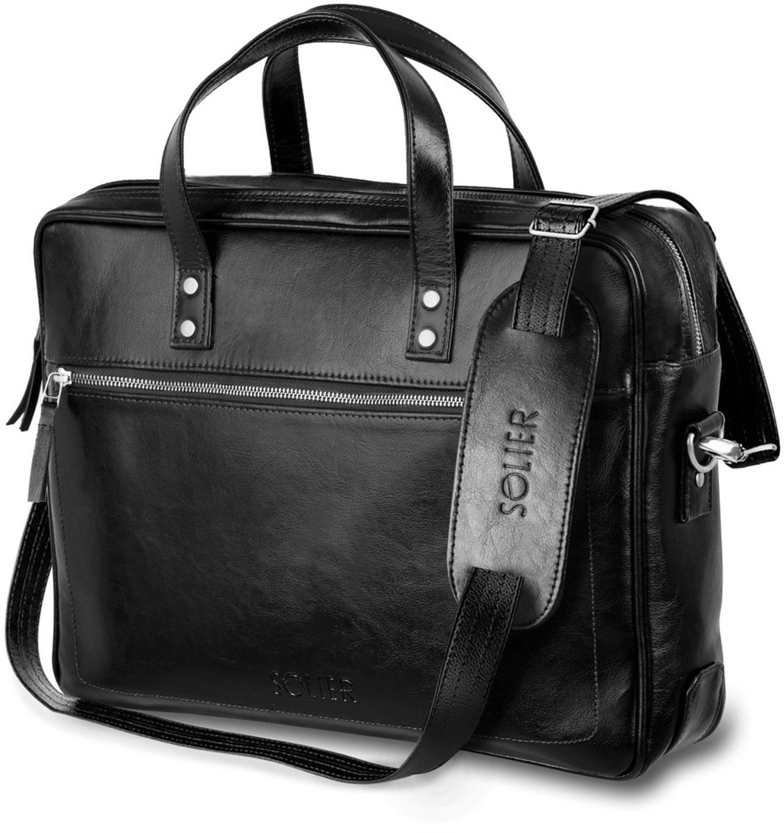 Solier SL04 Waterford - Laptoptas Heren - Echt Leer - 15,4 inch Laptopvak - Zakelijk Gebruik - Schouderriem - Genuine Zwart