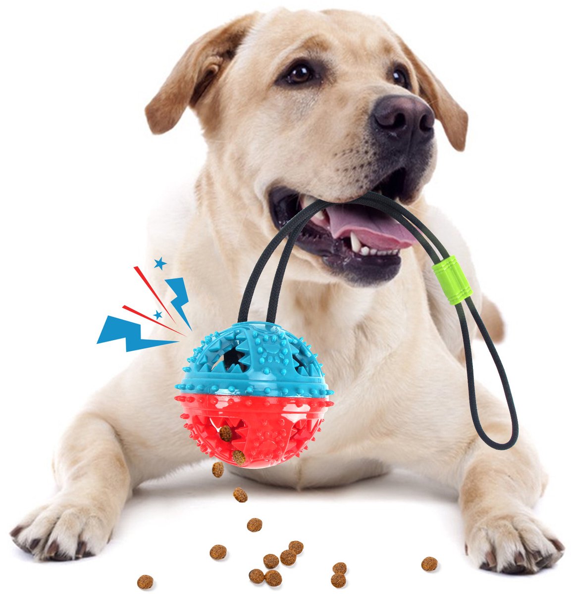 Honden Kauwbal met Touw – Tandreinigend & Voedseldispenser – Interactief Speelgoed voor Katten & Honden – Geel & Blauw