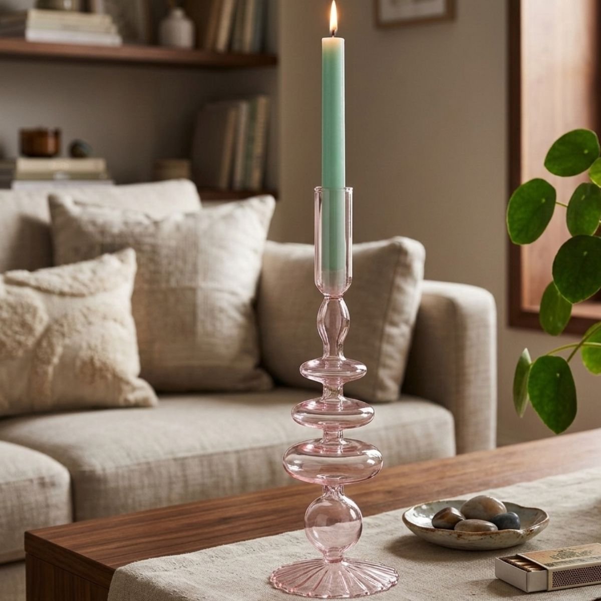 Arti Casa kandelaar met bollen - glazen kaarsenhouder voor sfeervolle verlichting - uniek bolvormig design - geschikt voor diverse soorten kaarsen - afmeting ø9x28cm - kleur roze