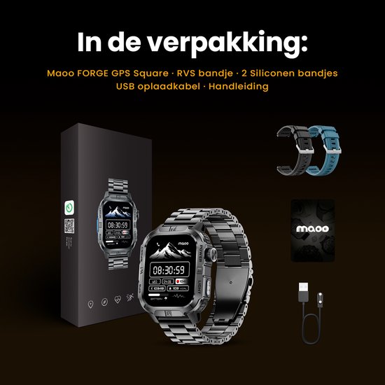 Maoo FORGE GPS Square - GPS Smartwatch Heren - Sporthorloge - 3 Bandjes - Stappenteller - Hartslagmeter - Slaapmonitor - Belfunctie - LED Zaklamp - Multisport - Geschikt voor Android en iOS - Gun Metal Blue