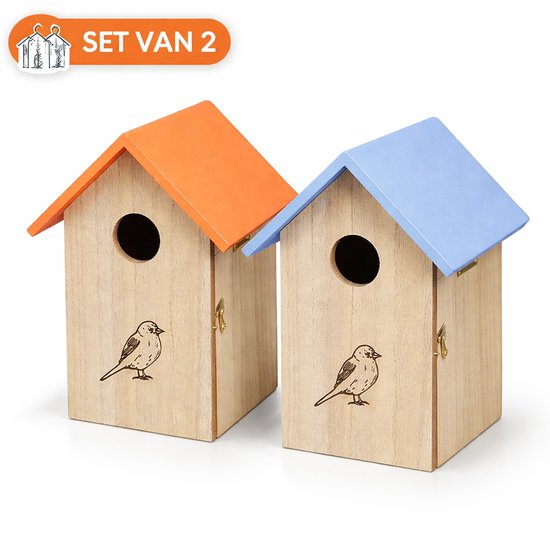 Vogelhuisje Set van 2 – Houten Nestkastje – Oranje & Blauw Dak – 11 x 13 x 19 cm – Voor Tuin, Balkon & Terras