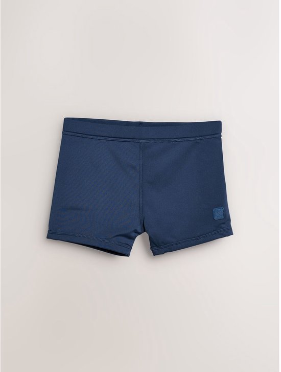 Donkerblauwe korte zwembroek met een elastische tailleband en een logo patch.