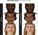 Voor en na foto's van drie personen met verschillende huidtinten die het product gebruiken, met de tekst 'No white cast'.