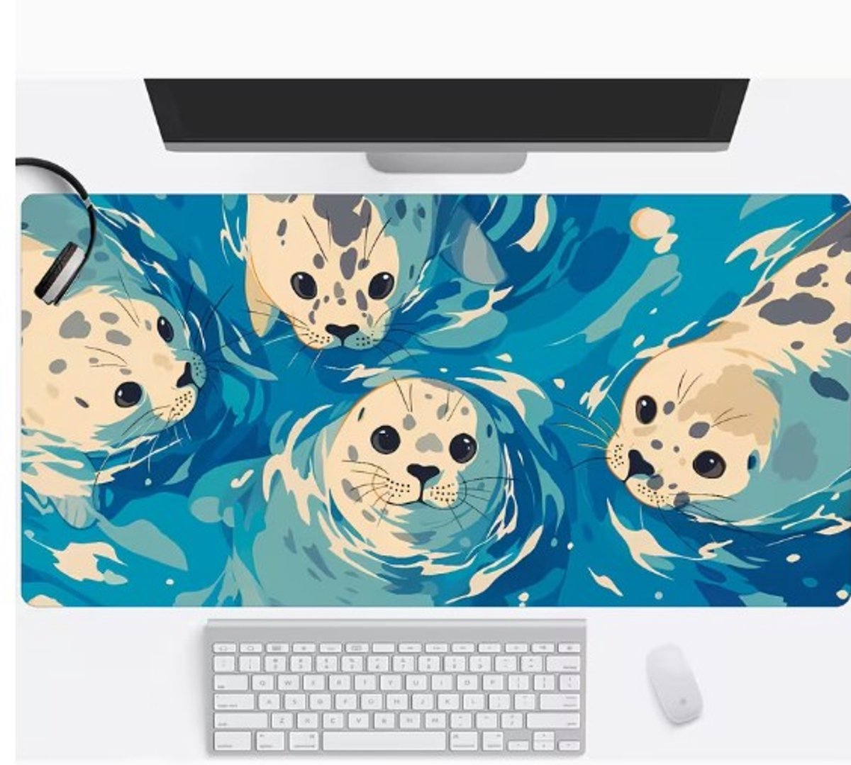 Gaming Muismat 90x40 cm – Schattige Zeehonden in Blauw Design – Antislip Bureau Mat