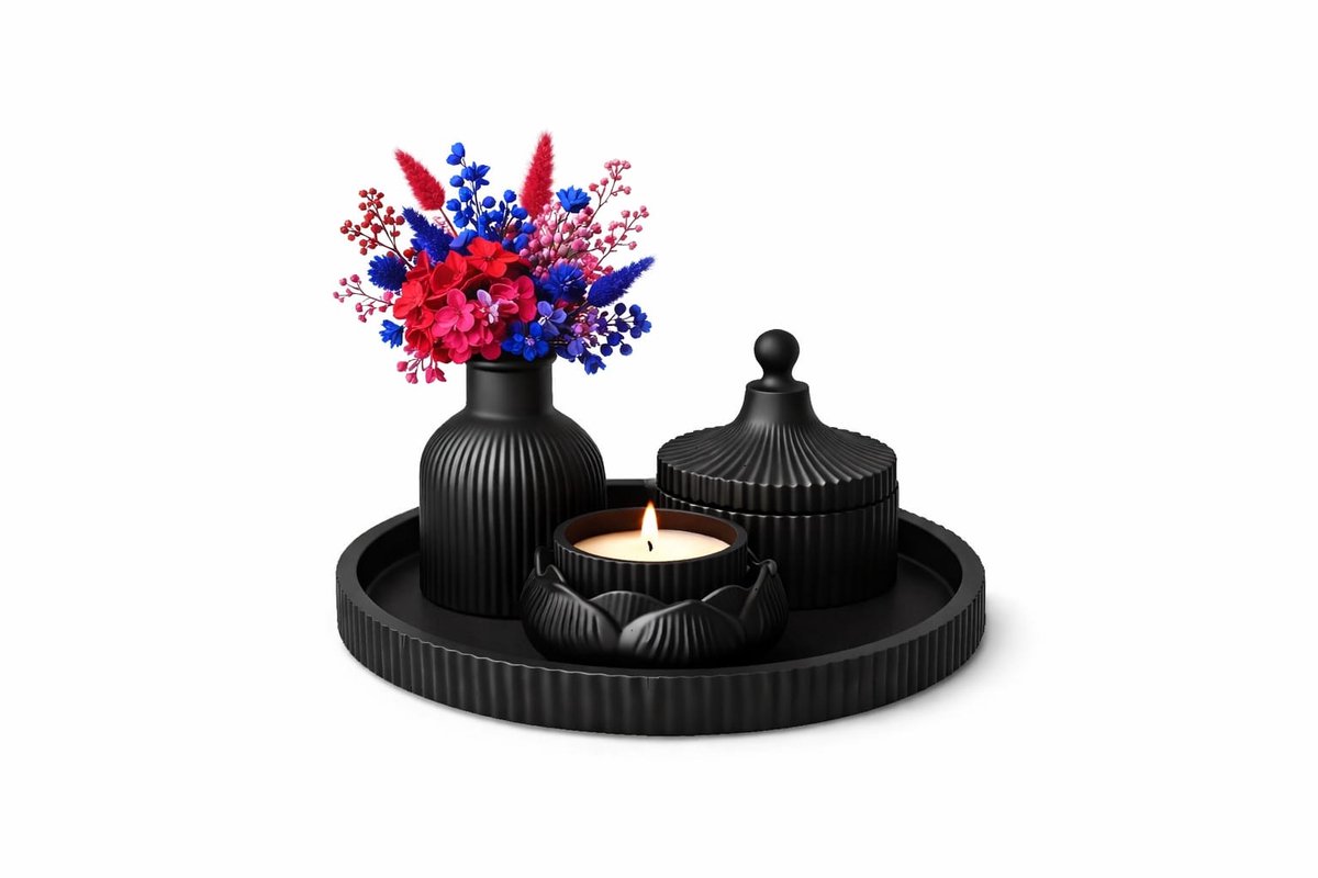 QORVANE Home Luxe 4-Delige Zwarte Decoratieset met Vaas, Pot met Deksel, Waxinelichthouder en Ronde Tray – Moderne Woondecoratie
