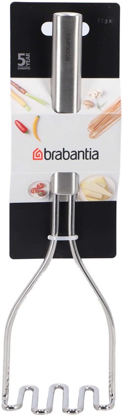 Brabantia aardappelstamper in verpakking, met RVS handvat en gebogen stamper.