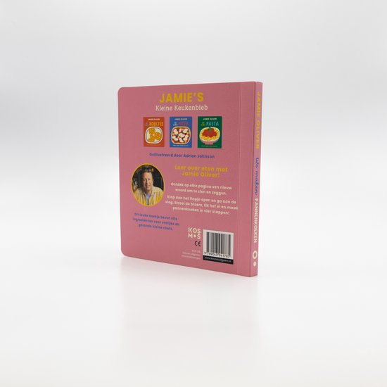 Achterkant van een kinderboek van Jamie Oliver met illustraties van koekjes, pizza en pasta, en een foto van Jamie Oliver.