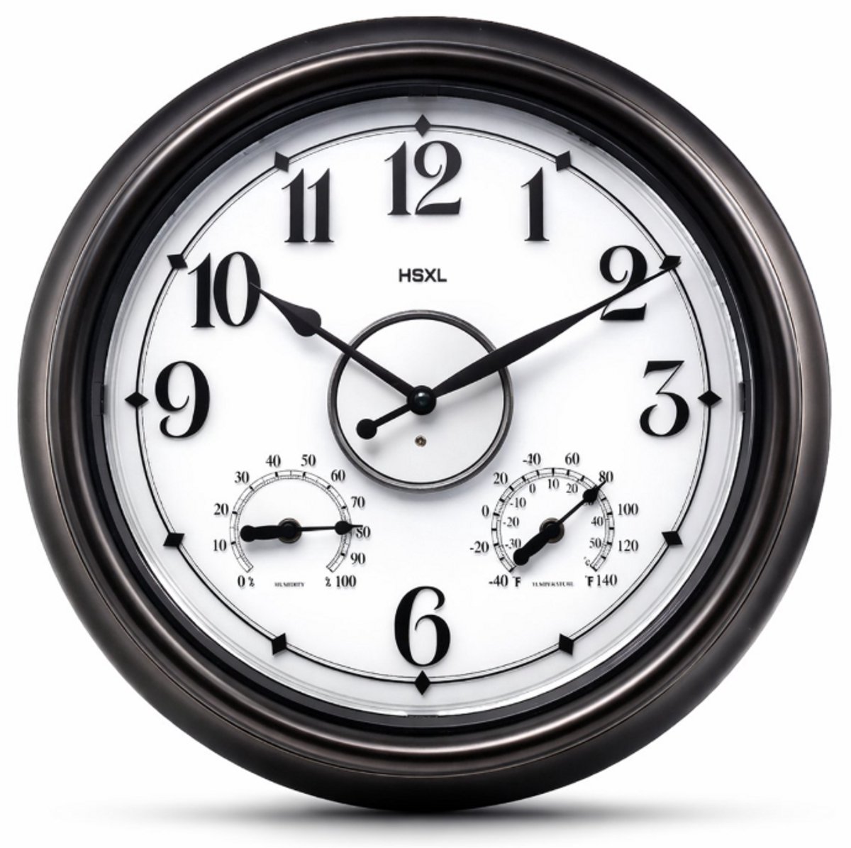 Grote Wandklok 45 cm – Binnen/Buiten – Industrieel – Stil & Verlicht – Waterdicht – Met Thermometer & Hygrometer – Zwart/Dark Brons