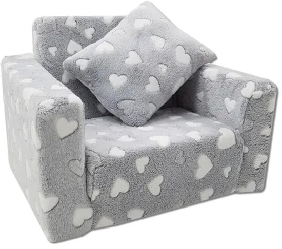 Kindvriendelijke opvouwbare pluchen kinderstoel met zitting en ligfunctie - comfortabel kids relaxfauteuil, grijze harten van Merkloos — afbeelding 5