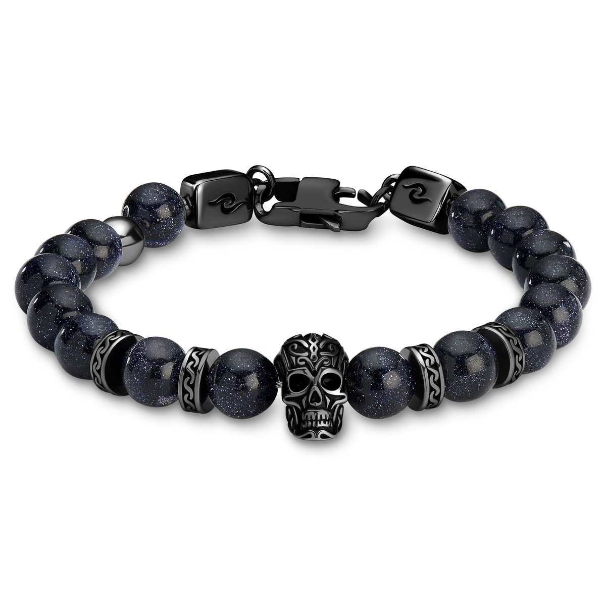Rico | Schedelarmband van Blauwe Zandsteen en Zwart Roestvrij Staal