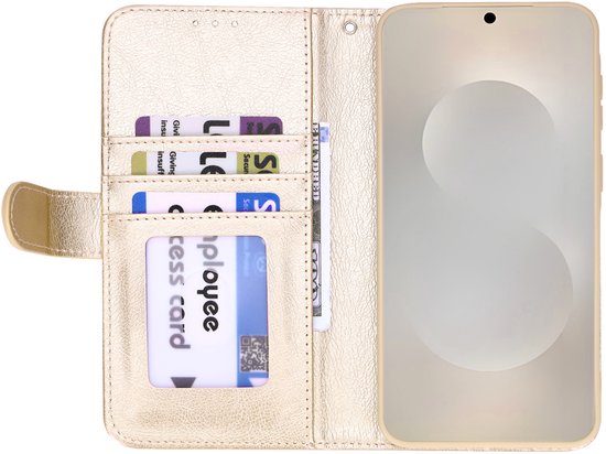 Open gouden telefoonhoesje met pasjes en een bankbiljet.