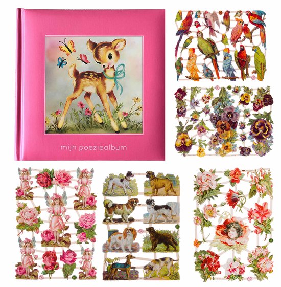 Poëziealbum - 16x16 - Roze - S7 - Hertje met vlinders - met 5 vellen Poëzieplaatjes - Versjes - Gedicht - Cadeau - Sint - Geschenk - Knutselen - Hobby - Creatief - Scrapbook - Poezie
