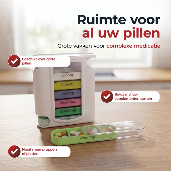 Witte medicijndoos voor 7 dagen, gevuld met medicijnen. Een groen vakje met pillen ligt ernaast.