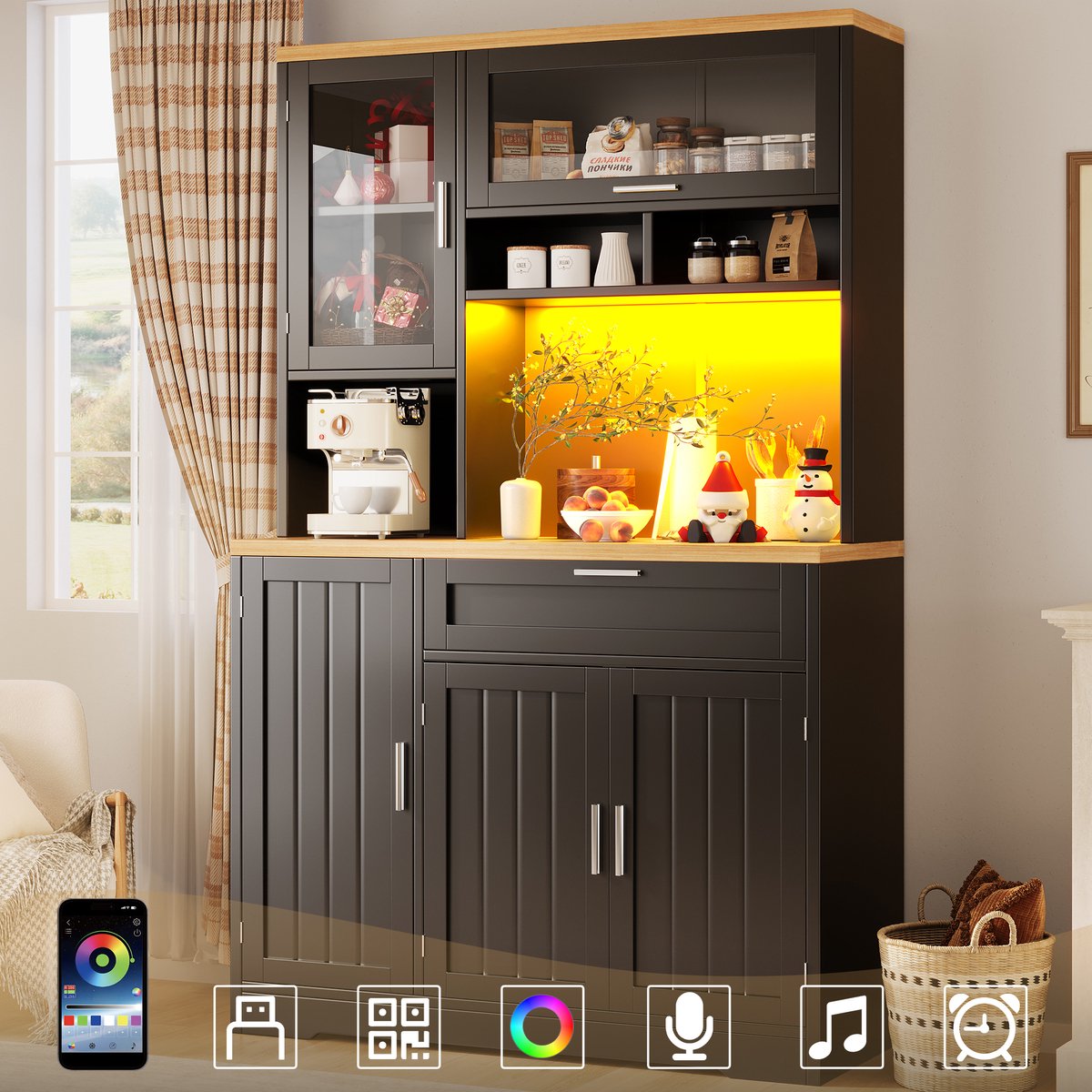 REDOM - Hoge Kast Met Ledverlichting En Glazen Deuren - Modern - Voor Keuken Of Woonkamer - MDF En Metaal - Zwart - 104 X 40 X 180 Cm