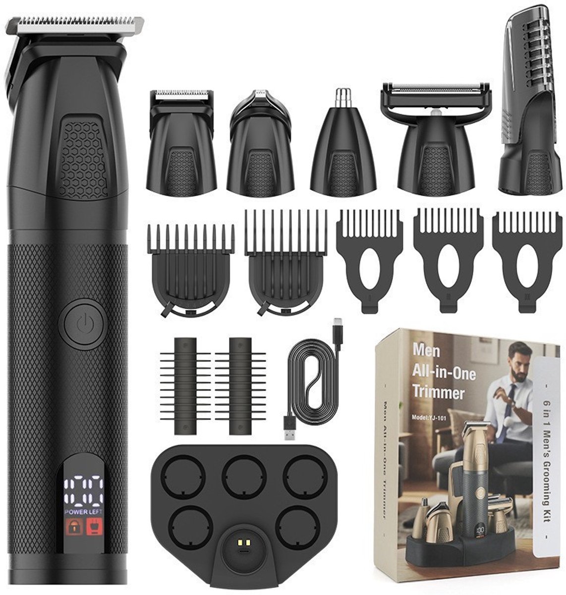 Baardtrimmer voor Mannen 6-in-1 - Draadloos Waterdicht Elektrisch Haarapparaat - Alles-in-één Grooming Kit met LED Display - Zwart - 1 Set