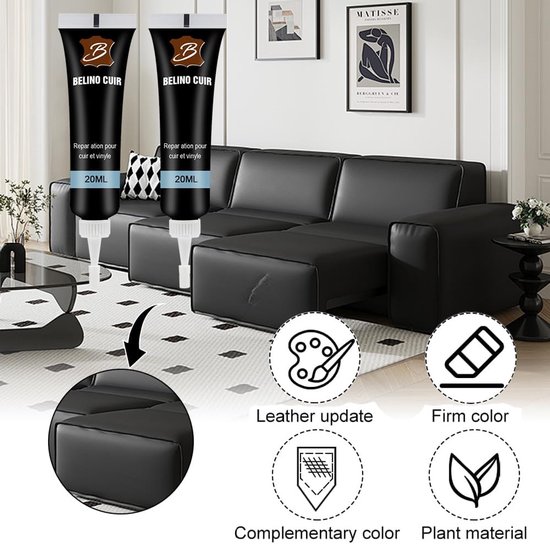 Leer Reparatie Set - Leer Vulling - Meubels en Auto's - Snelle en Veelzijdige Reparatie - 20 Milliliter - Zwart — afbeelding 3
