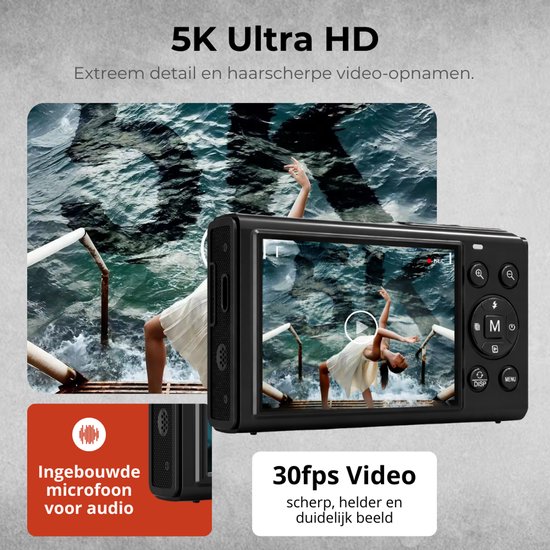 Digitale camera met 5K Ultra HD, 30fps video, ingebouwde microfoon. Zwarte compactcamera met twee schermen.