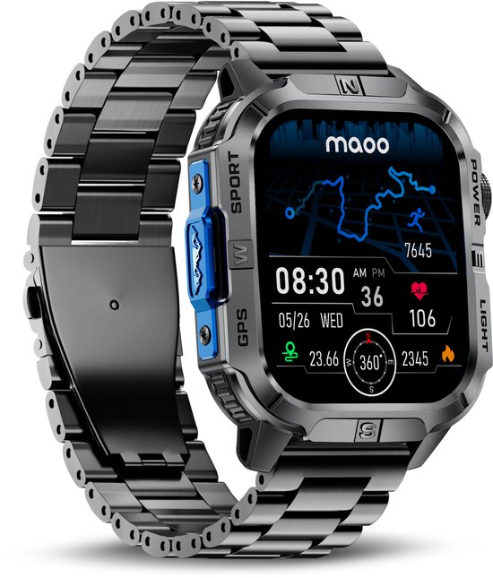 Maoo FORGE GPS Square - GPS Smartwatch Heren - Sporthorloge - 3 Bandjes - Stappenteller - Hartslagmeter - Slaapmonitor - Belfunctie - LED Zaklamp - Multisport - Geschikt voor Android en iOS - Gun Metal Blue