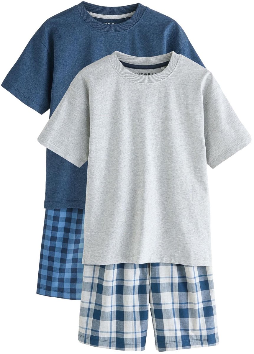 Next - Jongens - 2 Pack Geweven Ruit Oversized Pyjama's - Blauw