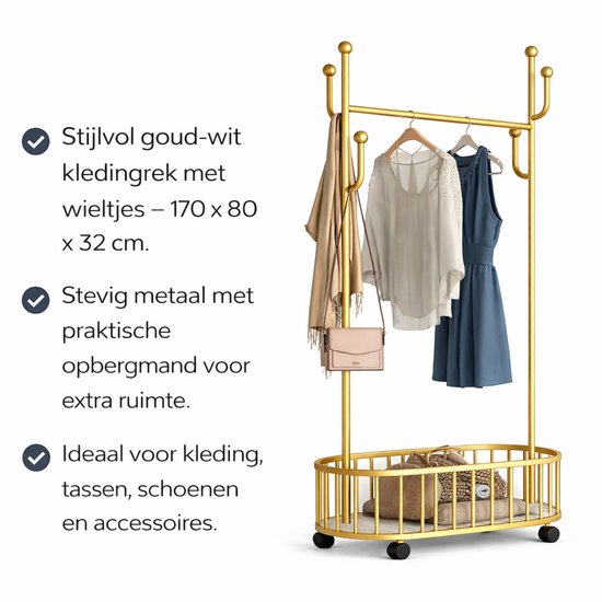 Arisa Home Kledinghangers- Goud-Wit - Kapstok met opberg mand - Multifunctionele Kledingrek - Kleding Hanger met opbergmand -kledingrek op wieltjes - 170x80x32cm