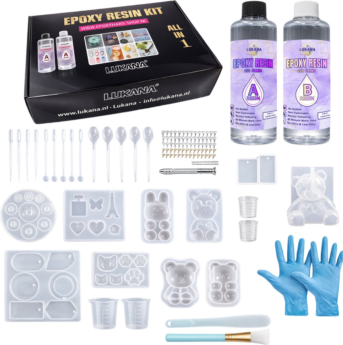 Lukana Epoxy Starterspakket - Epoxy Giethars Voordeelpakket - 500 gram Epoxy + 37 Mallen - Epoxy Hobbypakket - Sieraden Maken - Beertjes