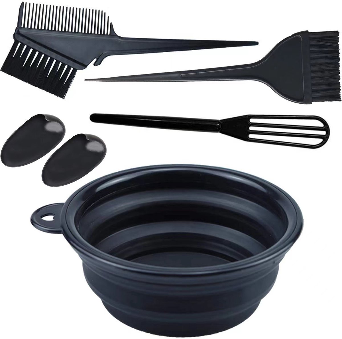 Opvouwbare kommenset (5 stuks) met platte roerstaafHaarverfset, haarverfbenodigdheden, inclusief een opvouwbare kom, verfkwast, verfkam en haarclips (zwart).s-Belle's product
