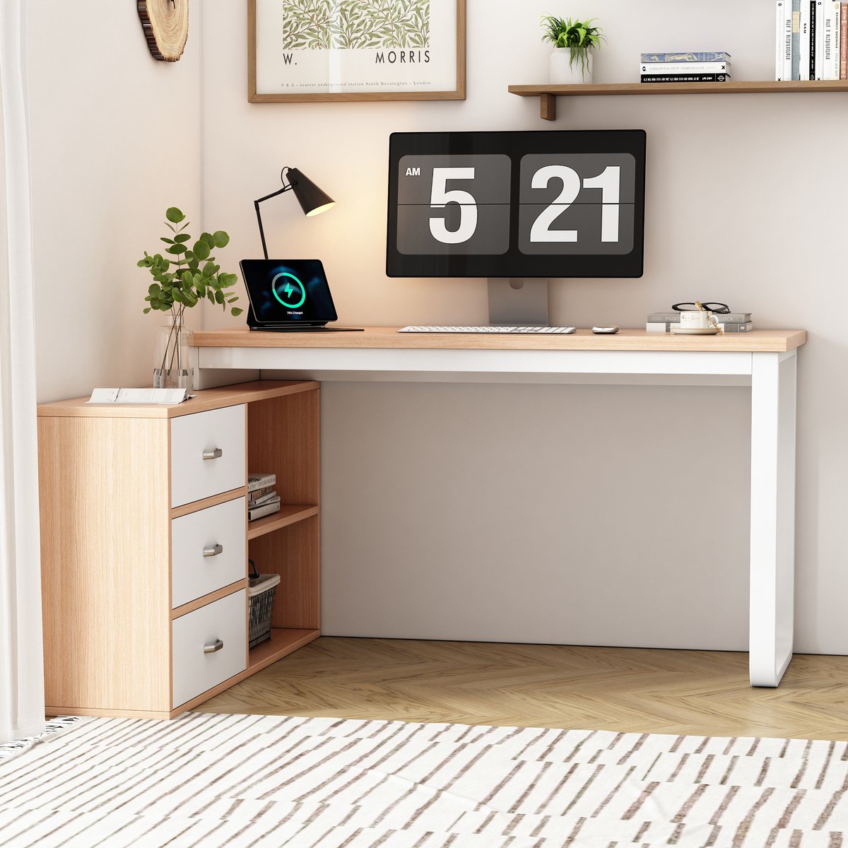 MODFU Bureau met Opbergruimte – 3 Lades & 2 Open Vakken – Ruim Werkblad 135 x 50 cm – Modern Minimalistisch voor Kantoor – MDF en Metaal – Naturel – 147 x 100 x 75,3 cm Natuurlijk