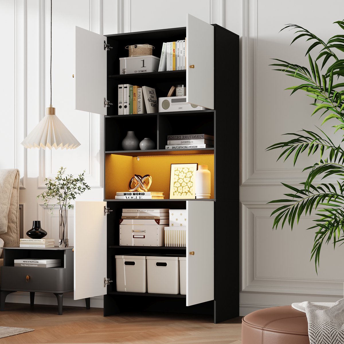 Multifunctionele kast/bijzettafel – 4 deuren en 3 open vakken – zwart-wit – van hout* – ideaal voor de woonkamer, slaapkamer en keuken – afmetingen: 80 x 40 x 185 cm