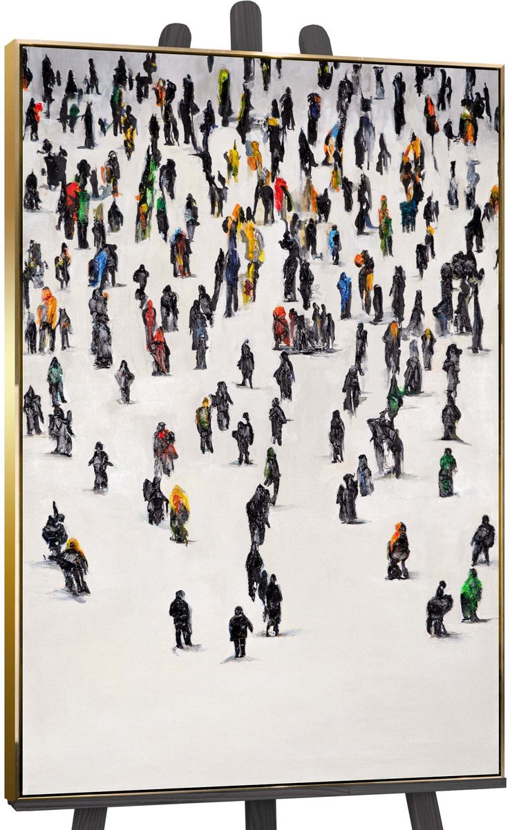 YS Canvas schilderij landschapsformaat handgeschilderd collectieve beweging abstract – YS-Art Gallery – Dynamische wanddecoratie voor woonkamer – Modern schilderij voor kantoor en hal Gold