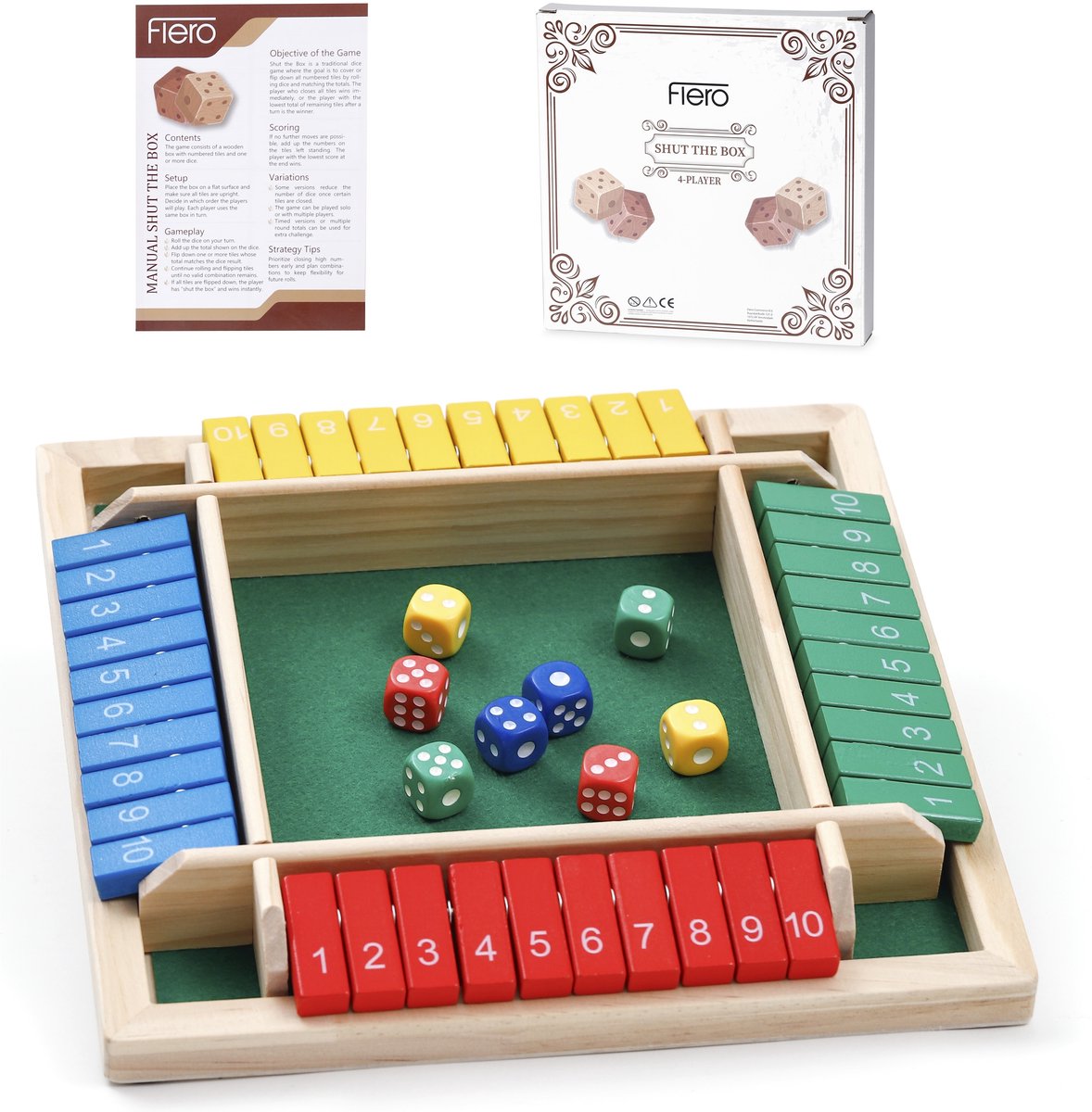Flero Shut The Box, Houten Dobbelspel, Klepspel - 4 Spelers Familie Bordspel met 8 Gekleurde Dobbelstenen en Vierkant Houten Bord - Montessori Tactiek- en Rekenspel voor Kinderen en Volwassenen vanaf 3 Jaar (Meerdere Kleuren)