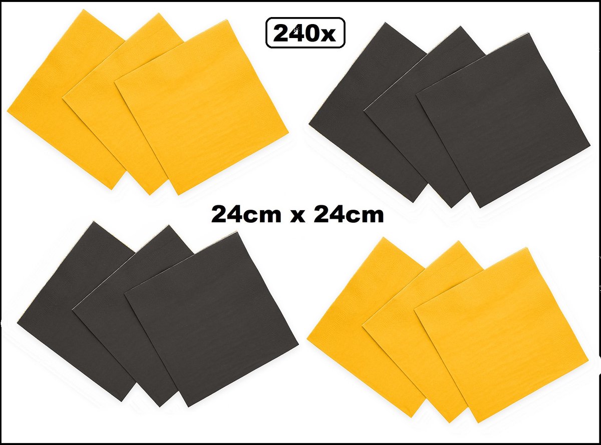 240x Servetten zwart en geel 24cm x 24cm - 3 laags - Cocktail servet diner eten knoeien restaurant BBQ thema feest verjaardag feest WK