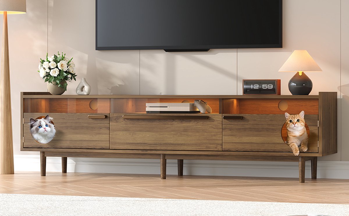 Wishdor - TV-Meubel Met Ledverlichting En Kattenruimte - Vintage - Voor Woonkamer - MDF En