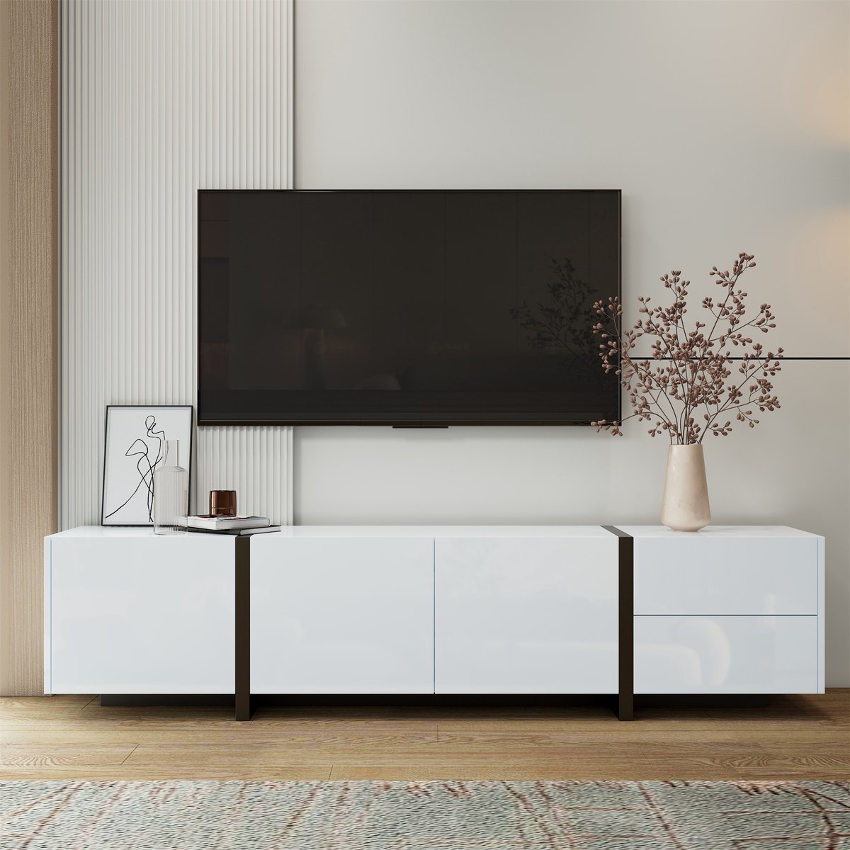 Wishdor Tv-Meubel - Hoogglans Fronten - Minimalistisch - Voor De Woonkamer - Spaanplaat - Wit En Zwart - 170 X 30 X 39 Cm