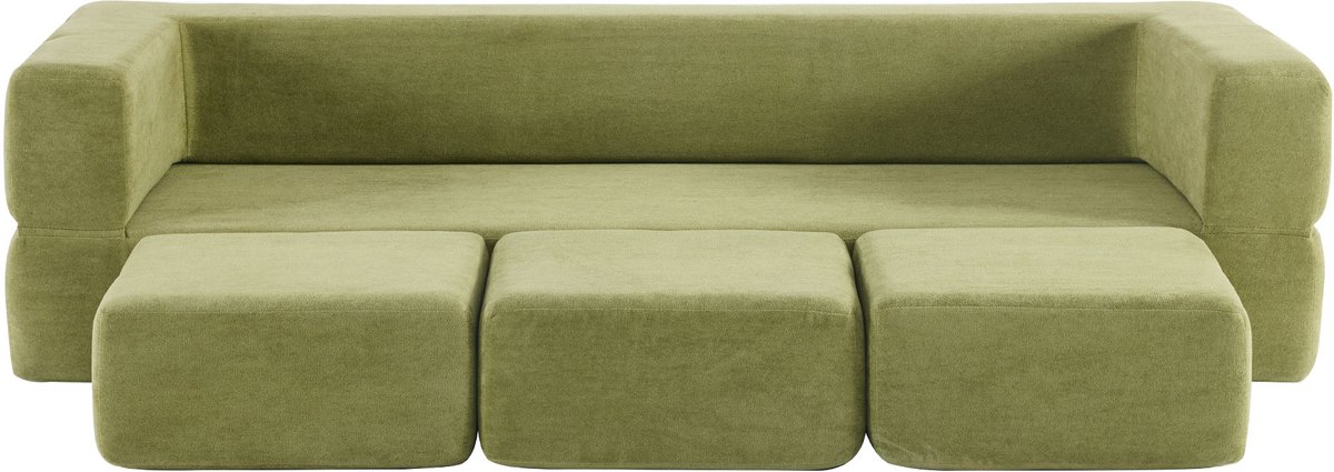 Wishdor Modulaire slaapbank - Convertibel bodemsysteem met 3 modules - Chenille stof en hoogelastisch schuim - Groen - Voor studio en thuiswerkplek - 201 x 151 x 51 cm