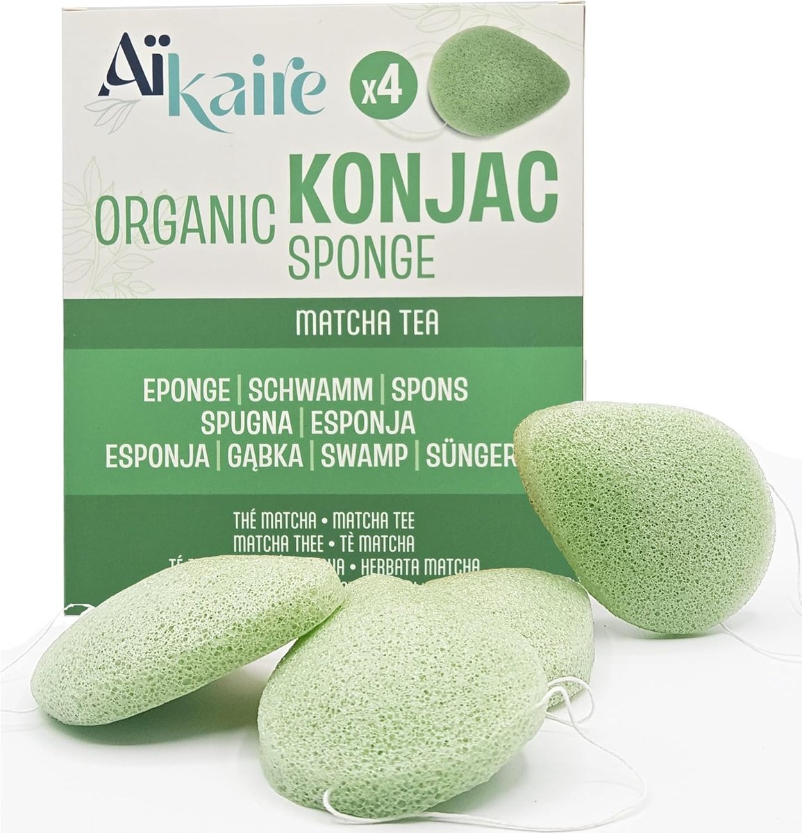 Konjac Gezichtsspons - Natuurlijke Reiniger - Dagelijkse Huidverzorging - Biologisch Groene Thee - 4 Stuks Druppel - Groen