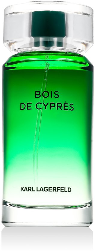 Karl Lagerfeld Bois de Cyprès Eau de Toilette 100ml. Groene fles met transparante dop en zilveren tekst.