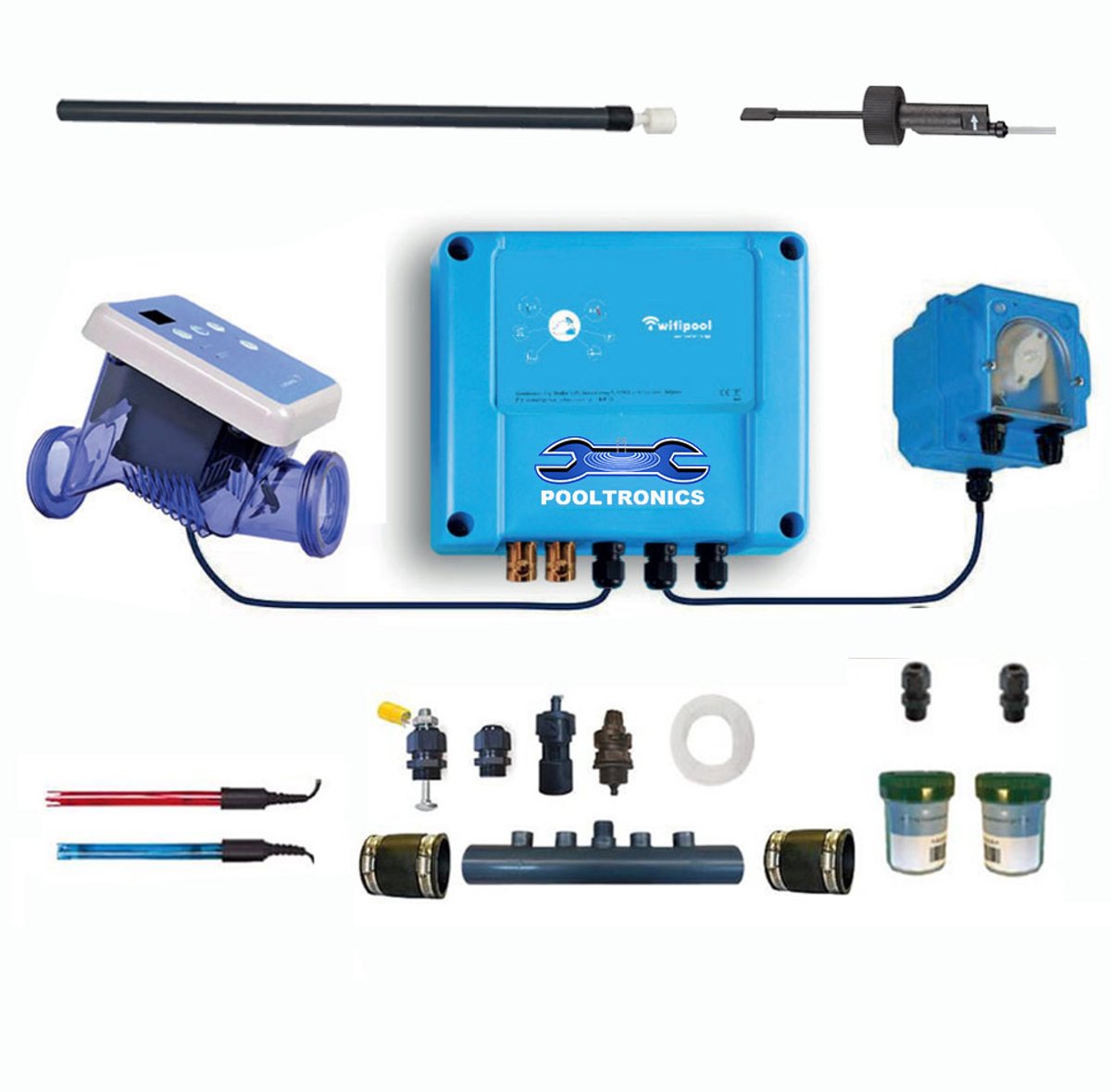 POOLTRONICS Automatisch Zoutelectrolyse pH Dosering Systeem met WIFI – Zwembad Waterbehandeling met zoutwater 10g/u – Gezonder Chloor Alternatief – Voor Inbouw & Opzet Zwembad tot 50m³ – Zelfbouwpakket Met Flow Switch / Level Switch