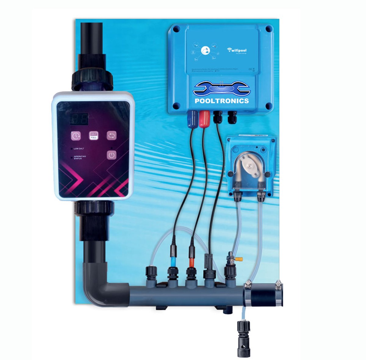 POOLTRONICS Automatisch Zoutelectrolyse pH Dosering Systeem met WIFI – Zwembad Waterbehandeling met zoutwater 10g/u – Gezonder Chloor Alternatief – Voor Inbouw & Opzet Zwembad tot 50m³ – Voorgemonteerd Met Flow Switch