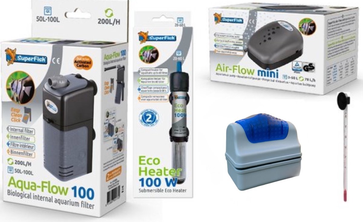Superfish -Aquaflow 100 pomp + verwarming 100w + Luchtpomp + Thermometer + alg magneet Long - complete aquarium toebehorenset voor aquaria tm 125 liter
