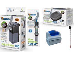 Superfish -Aquaflow 100 pomp + verwarming 100w + Luchtpomp + Thermometer + alg magneet Long - complete aquarium toebehorenset voor aquaria tm 125 liter