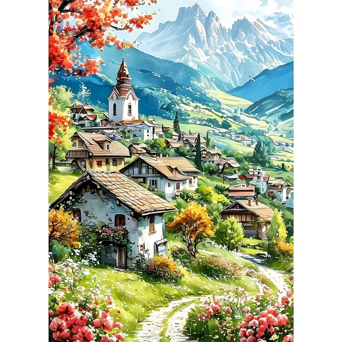 diamond painting dorp in een dal 37 x 47 cm leuk om te maken en als schilderij aan de muur te hebben of kado te geven .