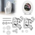 Zilverkleurige toiletbril scharnieren met bevestigingsmateriaal en een toiletbril met bloemenprint.