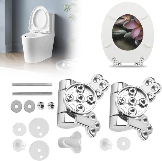 Zilverkleurige toiletbril scharnieren met bevestigingsmateriaal en een toiletbril met bloemenprint.