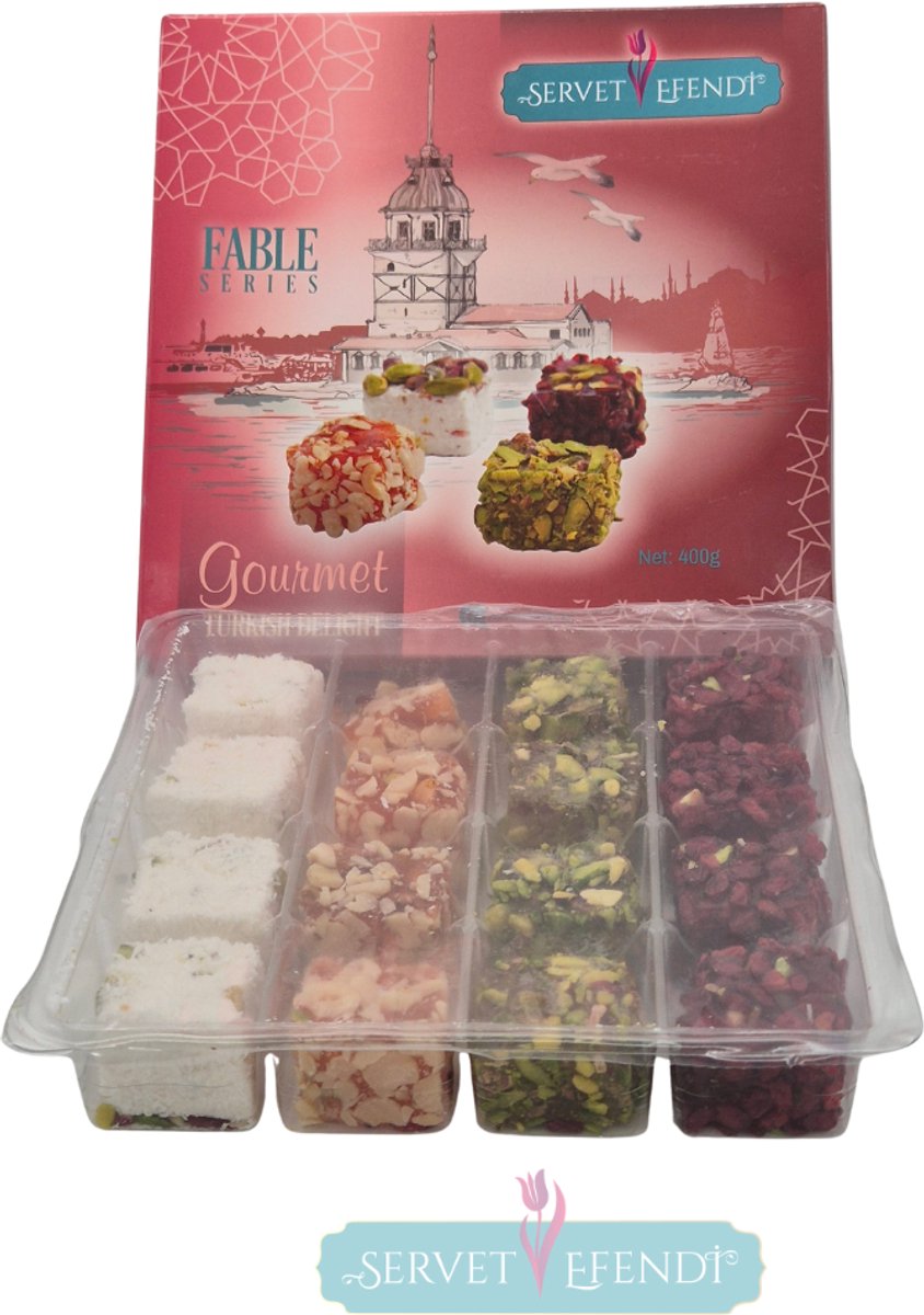 SERVET EFENDİ -Gemengde Turks Fruit - Mixed Turkish Delight - pinda's, amandelen, hazelnoten,(Gemengde verpakte Turkse lekkernijen) 400gr - Karışık Lokum - Fıstıklı-Findikli-Bademli (Karışık Sarma Lokum)