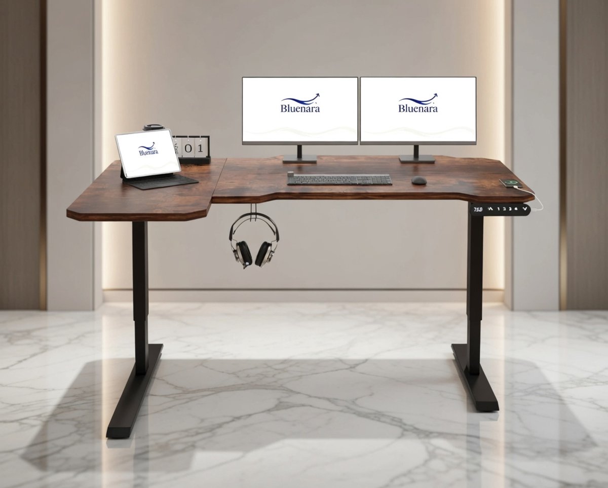 Elektrisch Zit-Sta Bureau L-Vorm 150x78 cm Links met Geheugenfunctie (4 Standen) – In Hoogte Verstelbaar Hoekbureau 69-115 cm – Bruin – House&Garden