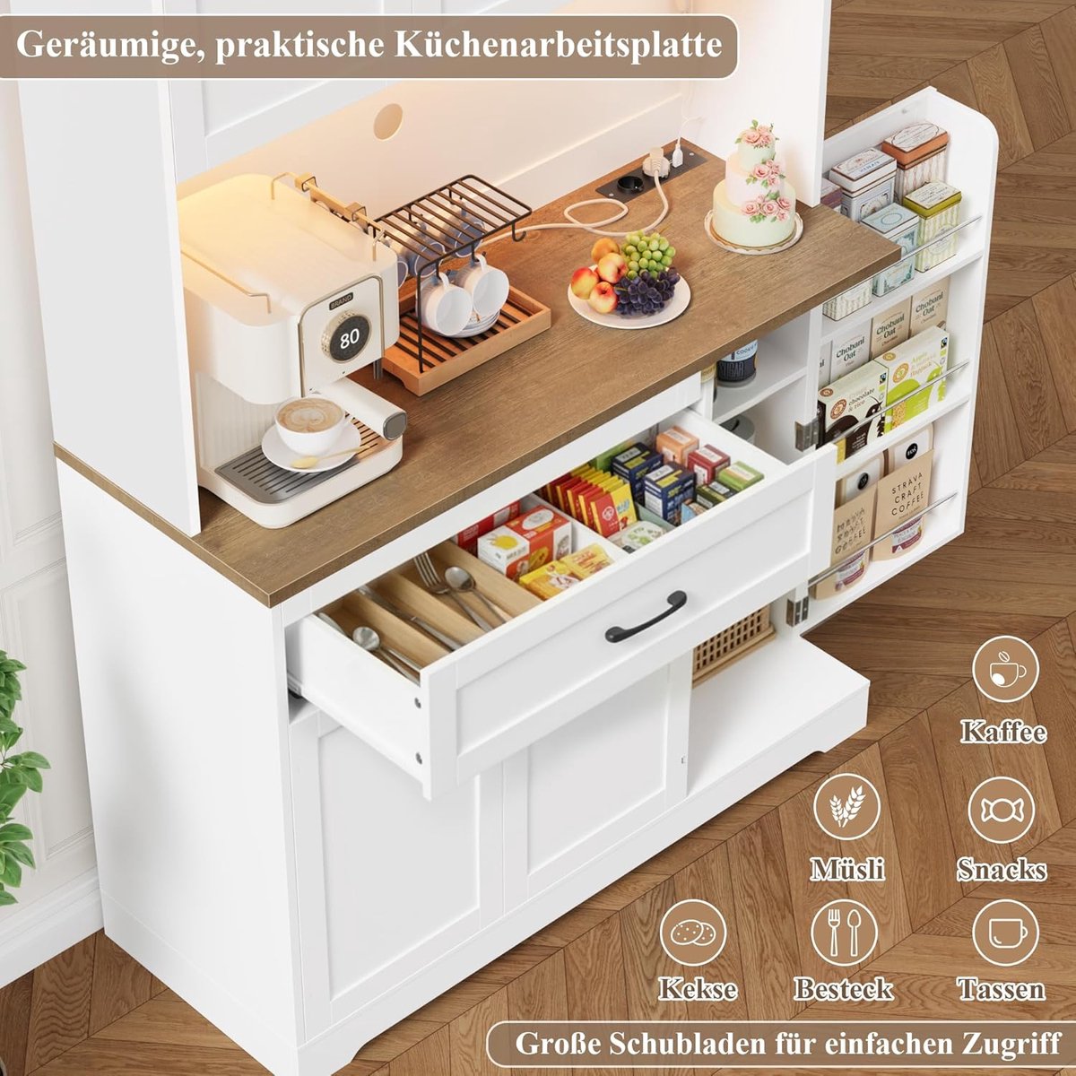 Keukenkast 180x100x38 cm met LED verlichting, stopcontact en kruidenrek – Buffetkast met werkblad, lades en opbergruimte – Moderne dressoir kast wit – Laura