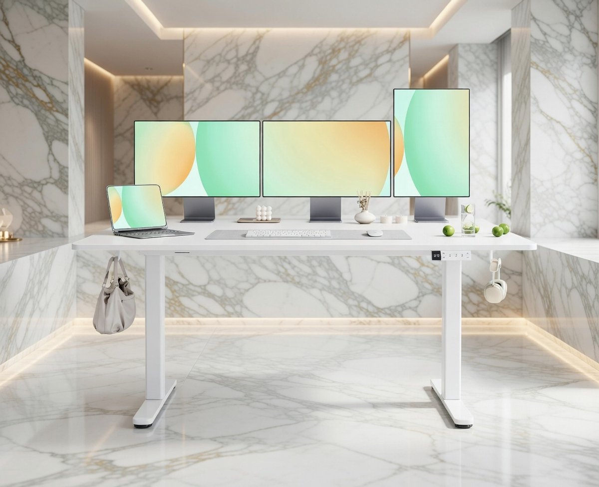 Ergonomisch Elektrisch In Hoogte Verstelbaar Bureau – 160x80 cm – Modern Staand Bureau Wit – Thuiswerk & Kantoor – FSC Hout & Staal House&Garden