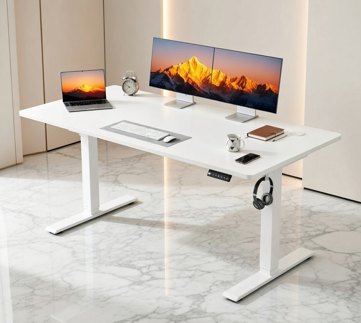 Elektrisch Verstelbaar Bureau 110x60 cm – Ergonomisch Zit-Sta Bureau voor Thuiswerken, Witte Afwerking, Stil en Robuust, Met Memory-Functie House&Garden