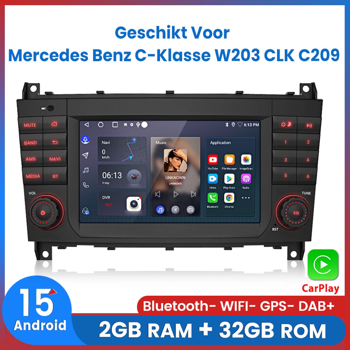 Awesafe Autoradio - Geschikt Voor Mercedes Benz C-Klasse W203 CLK C209 - 7 inch IPS Scherm - Draadloos Apple CarPlay & Android Auto - Android 15.0 System - Ram 2GB + Rom 32GB - GPS Navigatie Bluetooth WIFI - Radio Scherm