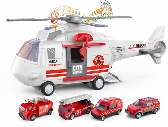 Witte reddingshelikopter met rode details, vier rode brandweerauto's, verkeersborden, bomen, lampen en muzieknoten.